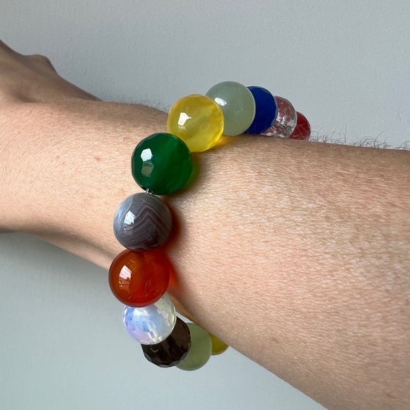 Semiprecious gemstone rainbow round bead chunky bauble beaded stacking bracelet - Picture 3 of 17